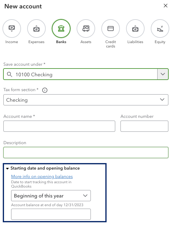 Image showing where users can add opening balances when creating a new account.